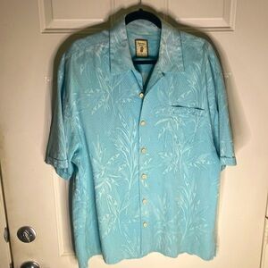 Jamaica Jaxx Men’s 100% Silk Ocean Blu Topical Print Hawaiian Shirt - Size L EUC
